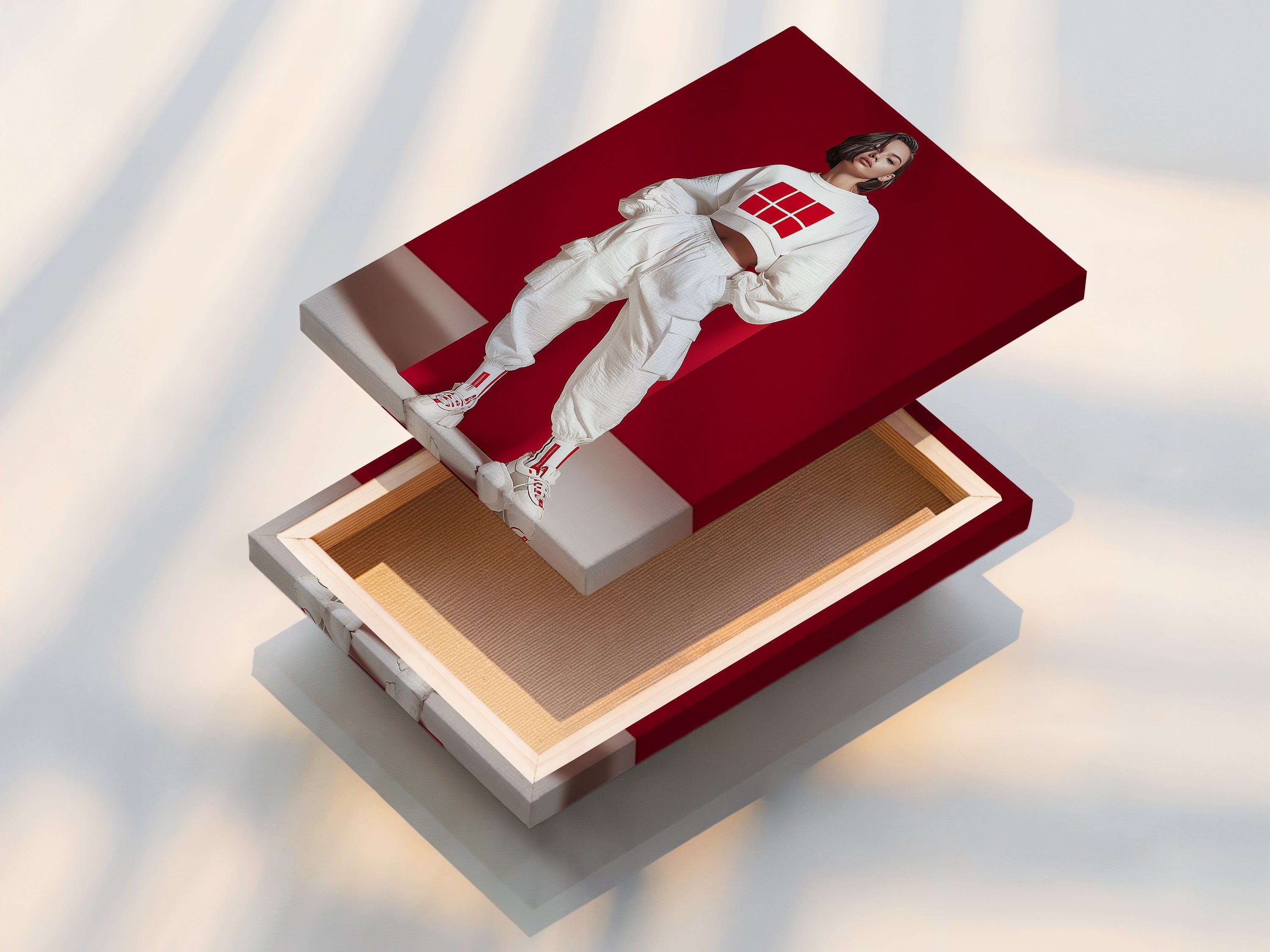 Stretched canvas print of Streetwear Fashion Art. The modern urban style artwork showcases a contemporary print in red and white. Ideal for adding a trendy and urban touch to teen rooms and modern spaces.