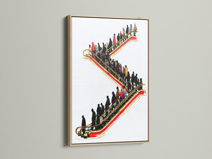 Elevate your office decor with this striking escalator art piece. The oak frame adds warmth to the modern urban artwork. Red and gold accents create a visually appealing focal point. Ideal for business owners and urban professionals. This commute print fits industrial minimalist or contemporary styles.