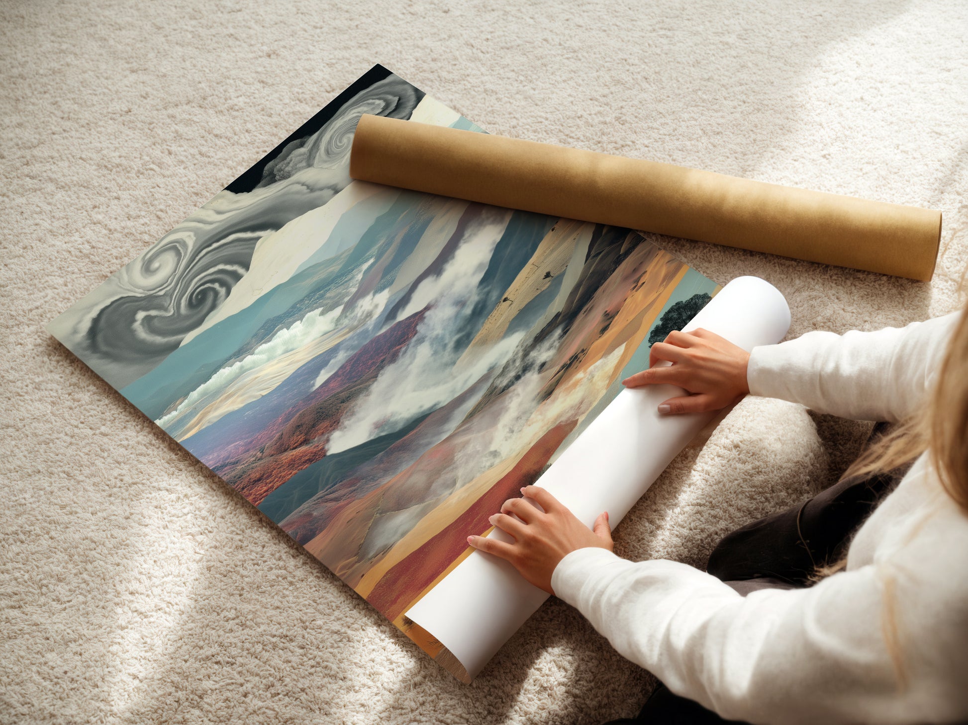 Woman rolling a fine art poster paper. The surreal landscape artwork features dreamy mountains and a checkered path. Perfect for modern interiors. This unique wall art adds a touch of fantasy.