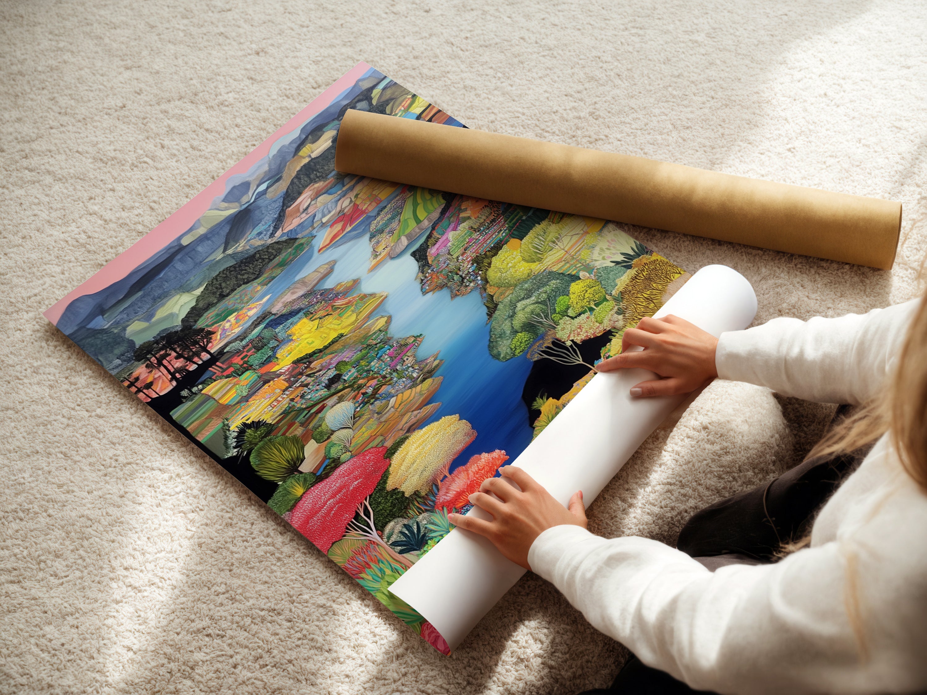 A woman is rolling a fine art poster paper. This ensures the safe delivery of the colorful landscape artwork. Our modern nature artwork is carefully packaged for your convenience. The vibrant art prints arrive in perfect condition. We provide high-quality home wall decor