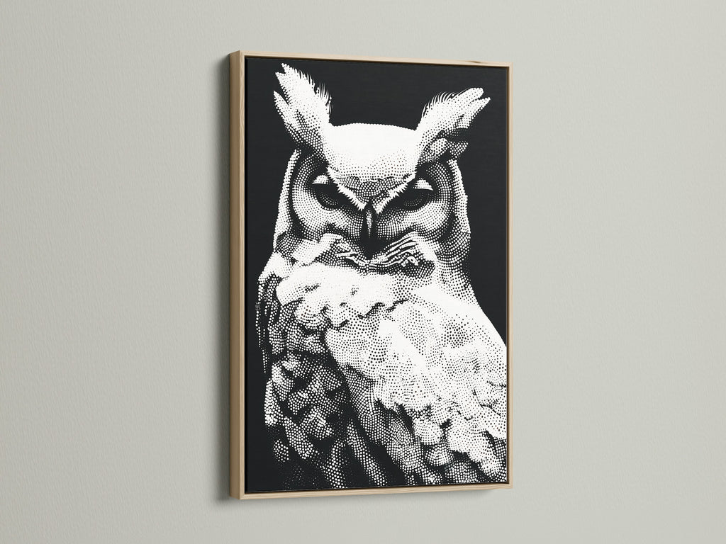 This owl artwork is showcased in a beautiful oak frame. The black and white wildlife art adds a touch of nature to any room. The modern dotted style of the owl canvas makes it a unique piece. It enhances study rooms minimalist decor and contemporary spaces alike.