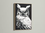 This owl artwork is showcased in a beautiful oak frame. The black and white wildlife art adds a touch of nature to any room. The modern dotted style of the owl canvas makes it a unique piece. It enhances study rooms minimalist decor and contemporary spaces alike.