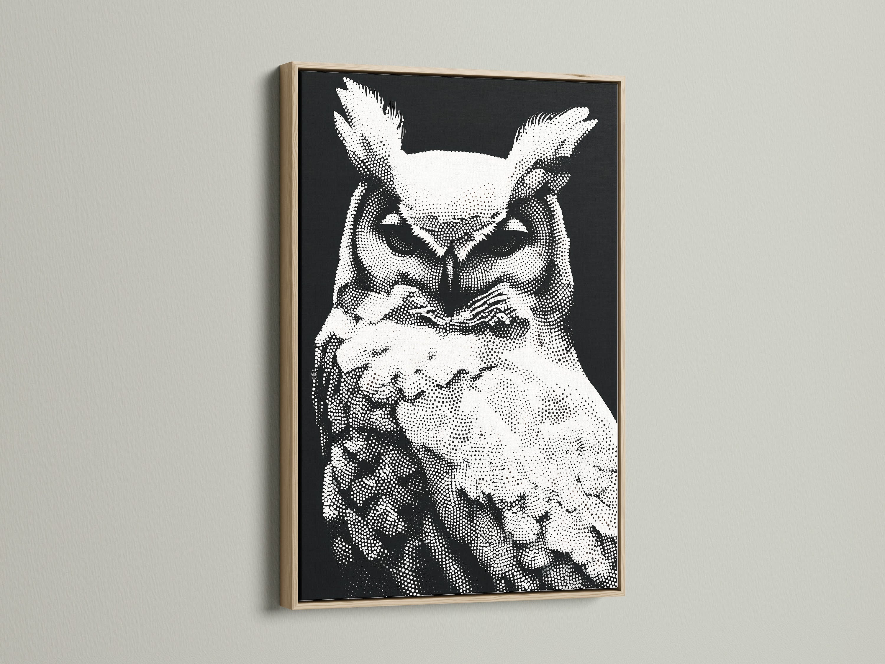 This owl artwork is showcased in a beautiful oak frame. The black and white wildlife art adds a touch of nature to any room. The modern dotted style of the owl canvas makes it a unique piece. It enhances study rooms minimalist decor and contemporary spaces alike.