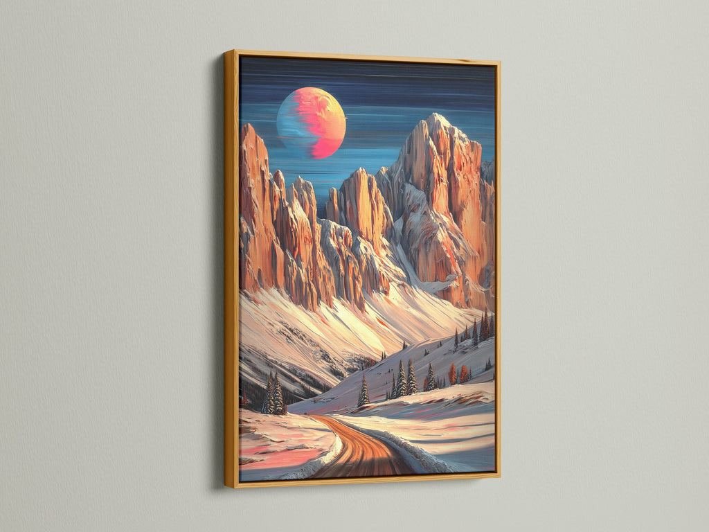 Elevate your decor with this mountain moon canvas print in a gold frame. The winter landscape artwork exudes luxury. Peach and teal tones create a warm inviting atmosphere. Perfect for adding a touch of glamour to any room. This alpine artwork is a statement piece.
