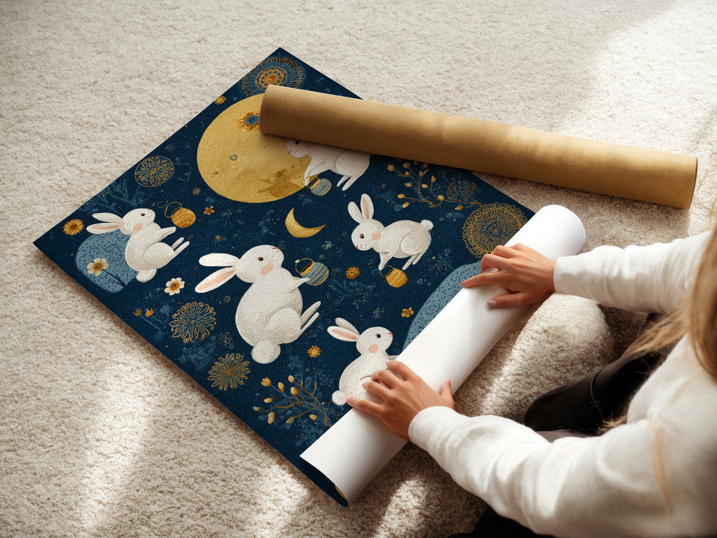 A woman carefully rolls a fine art poster paper. This highlights the care and quality in handling. These posters are ready for framing or display. Discover the beauty of fine art prints.