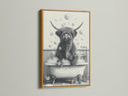 The image shows a highland cow art print with a gold frame. This farmhouse animal poster enhances bathroom wall art. This funny animal art makes a statement. Ideal for adding a vintage style to restroom decor. It's a unique wall art piece.