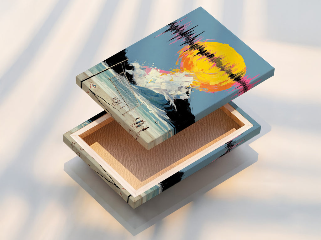 A stretched canvas print of the Beach Volleyball artwork is displayed. The surreal sunset and sports theme make it a great piece. It is ideal for adding a tropical touch to any space.