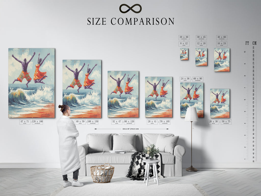 A size comparison chart in an interior setting featuring joyful seascape artwork. The artwork shows a man and women jumping over a wave on the beach. See the sizes available for your space. This beach scene art is great