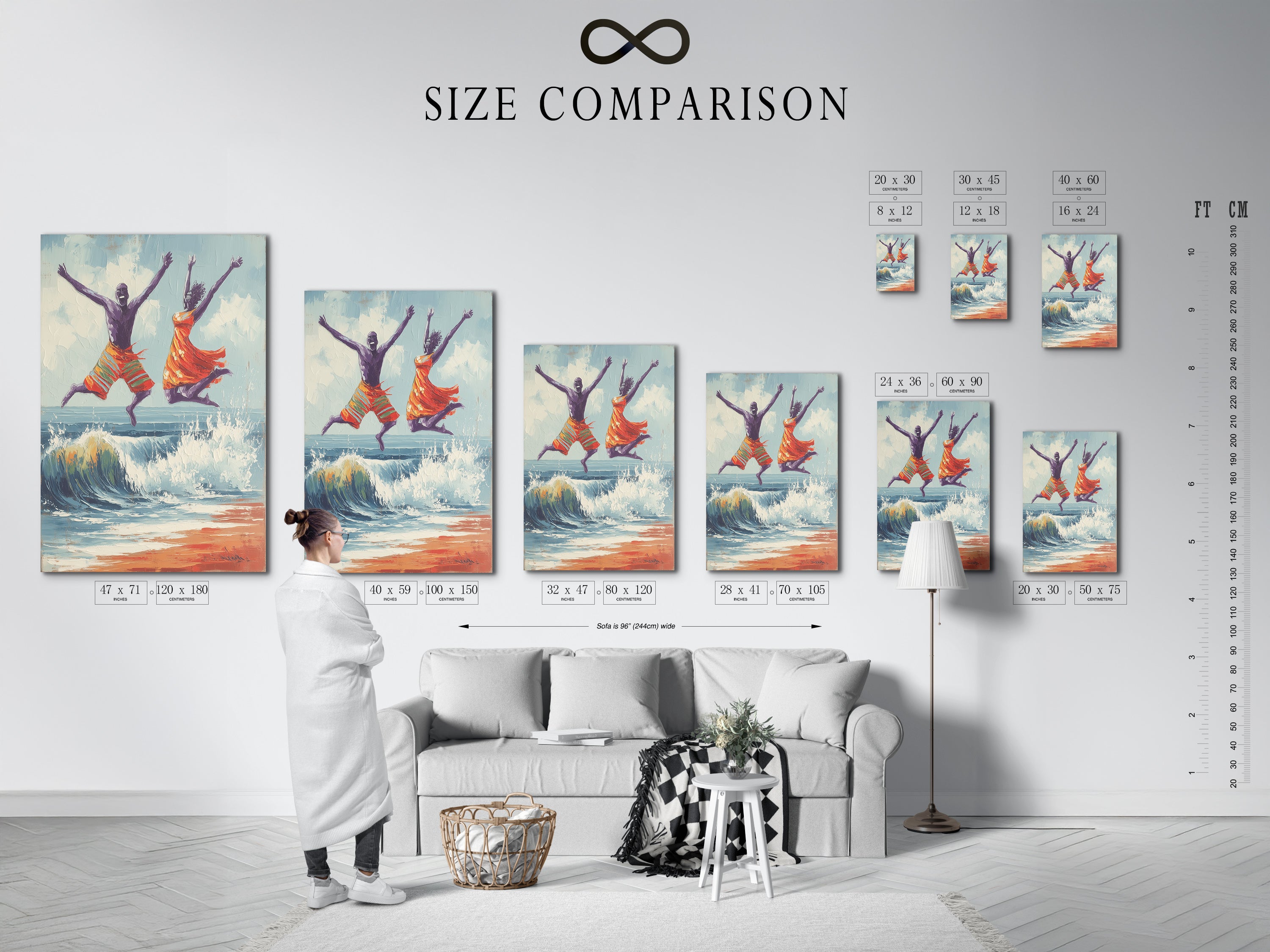 A size comparison chart in an interior setting featuring joyful seascape artwork. The artwork shows a man and women jumping over a wave on the beach. See the sizes available for your space. This beach scene art is great