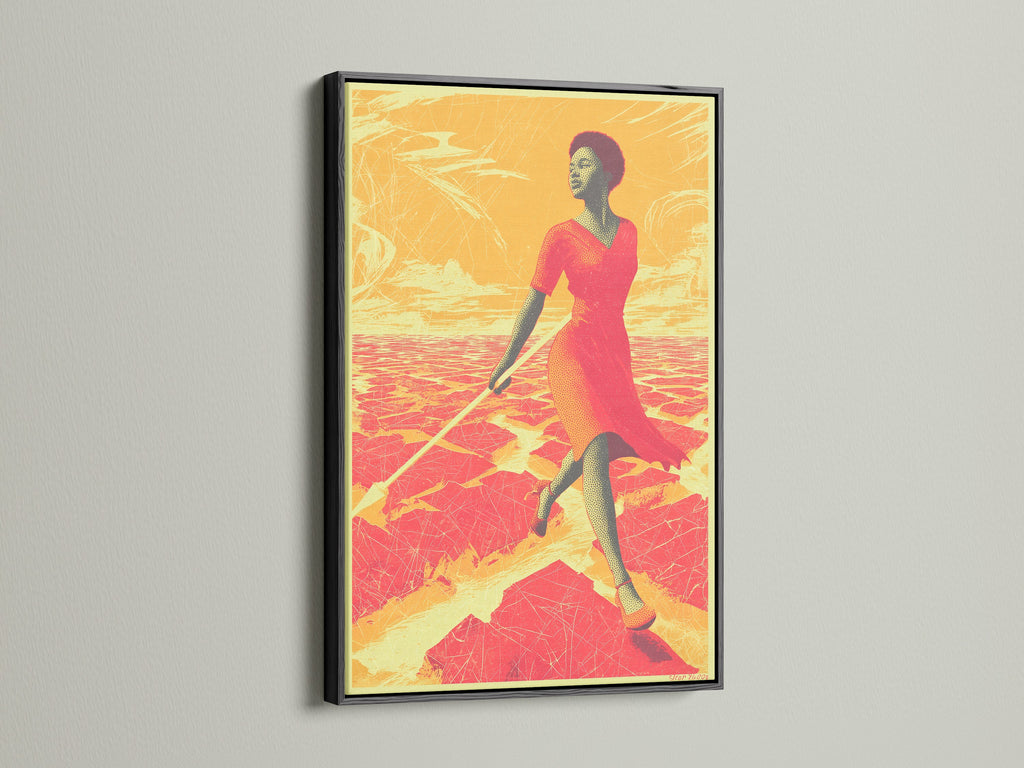 The African Woman Art Print is featured in a black frame. This contemporary artwork adds elegance to your decor. The desert sunset canvas print is visually stunning. Enhance your space with this figure wall art.