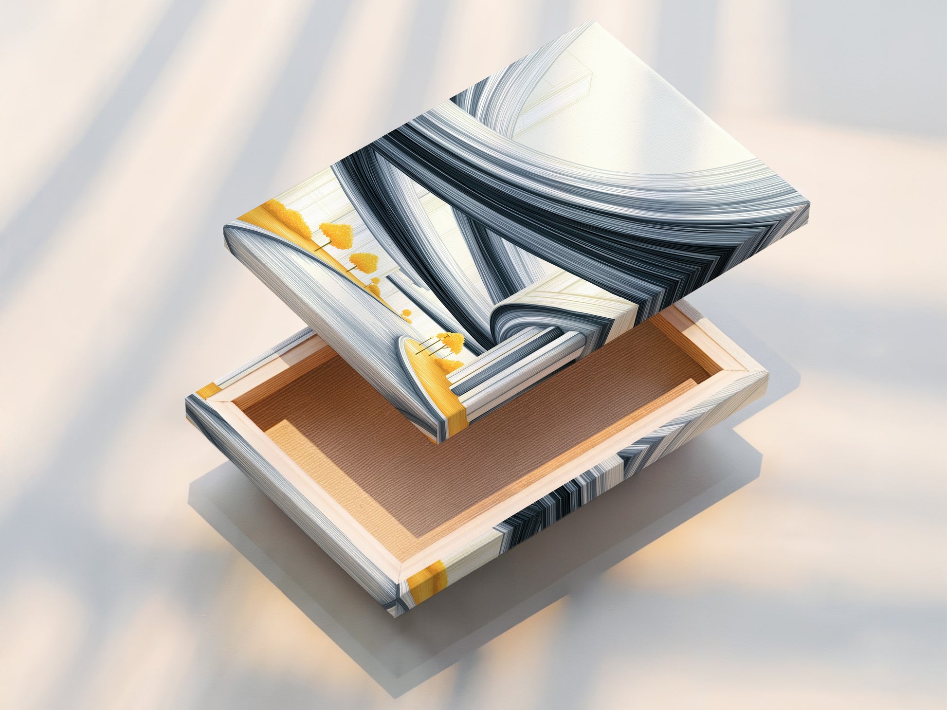 A stretched canvas print displays vibrant abstract cityscape artwork. Ready to hang and transform any room. This modern piece brings architectural flair to your walls. Perfect for homeowners and businesses seeking contemporary decor. Elevate your space with this stunning print.