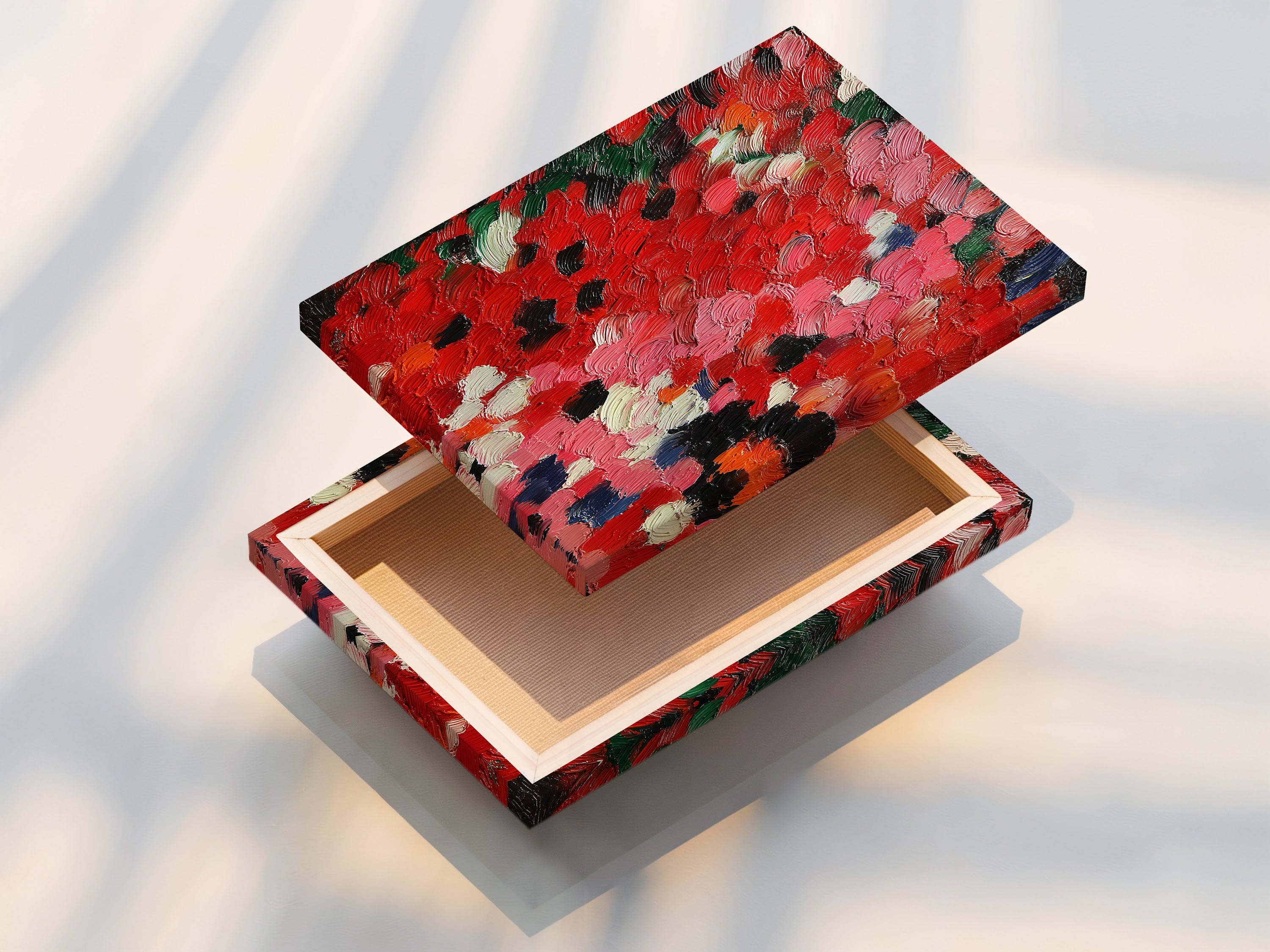 A stretched canvas print displays an abstract red artwork. The textured impasto technique adds depth. This contemporary palette knife painting is ideal for creating a focal point. It is perfect for modern home art. The bold red print is suitable for living rooms and bedrooms. This artwork enhances any space.