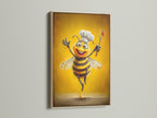 Chef Bee artwork in an oak floating frame. This funny kitchen art brings a smile. The bee canvas print is ideal dining room art. A unique chef wall decor for modern farmhouse styles.