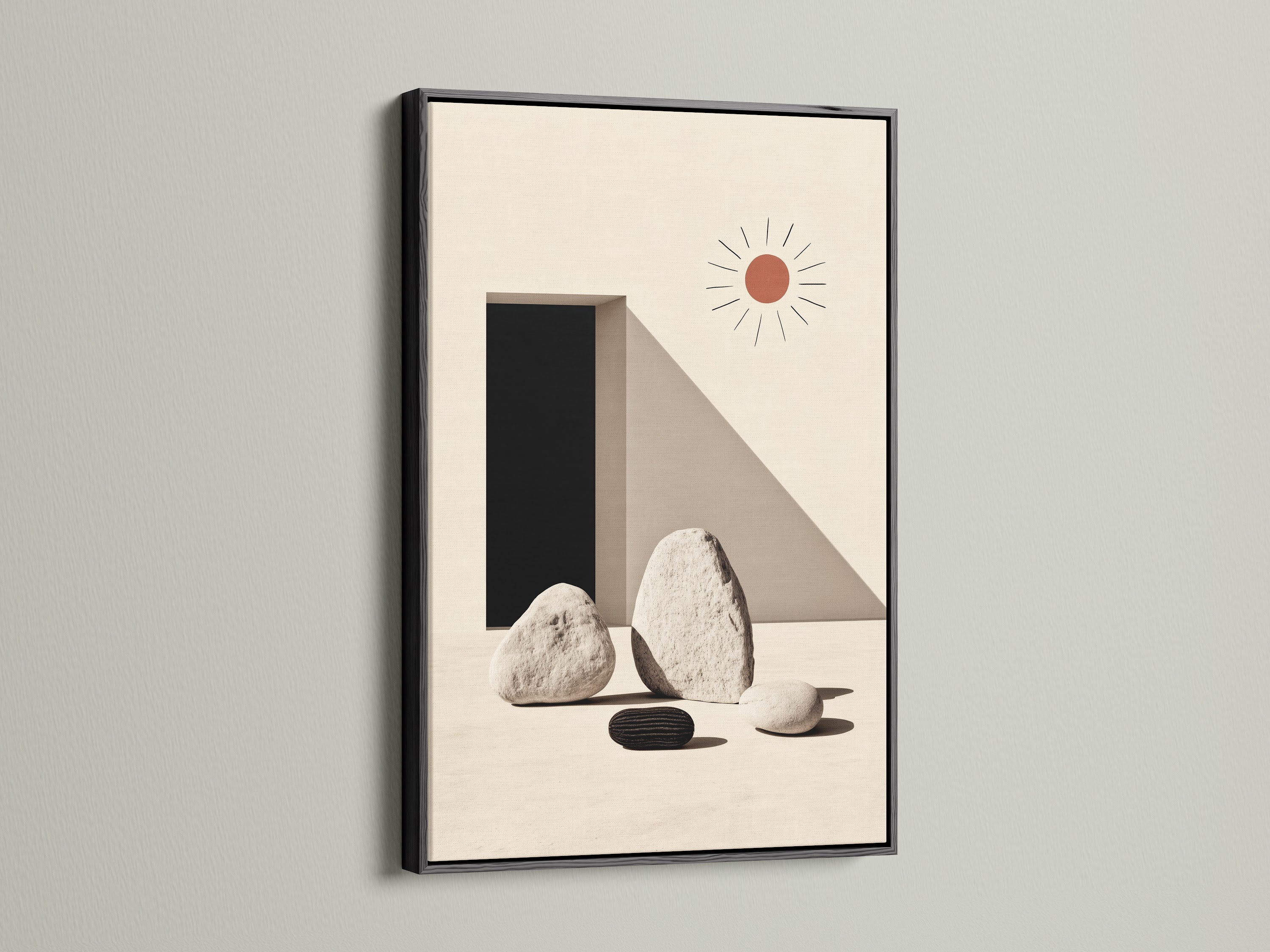 Minimalist stone artwork with a black frame. Geometric shapes and neutral tones create a modern look. Enhance your office or home decor with this zen art print. The black frame adds a bold and sophisticated touch. Perfect for minimalist and contemporary spaces. This canvas art brings simple elegance to any wall.