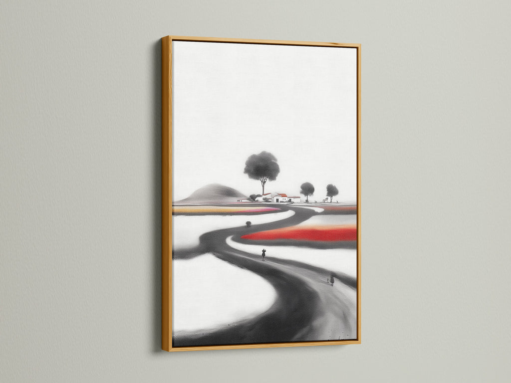 Ink Wash Landscape artwork with a gold frame. The gold frame adds a touch of elegance to the minimalist Asian-inspired artwork. Ideal for creating a focal point in any room. This zen wall art brings a sense of calm. The artwork is perfect for minimalist Scandinavian or eclectic styles.