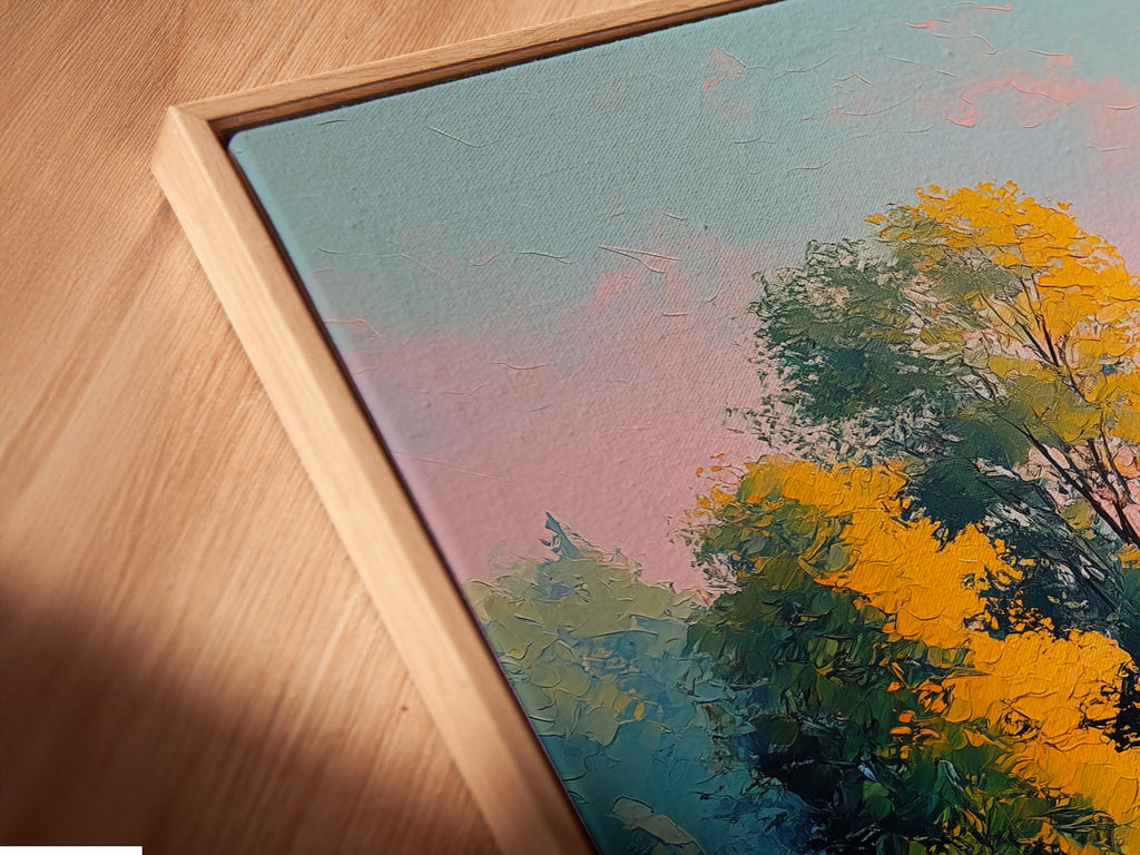 A close-up angled view reveals a canvas print in a floating frame. The golden meadow path artwork appears to hover adding a modern touch. This framing style enhances the nature painting. It makes it a captivating piece of wall art. Ideal for contemporary spaces.