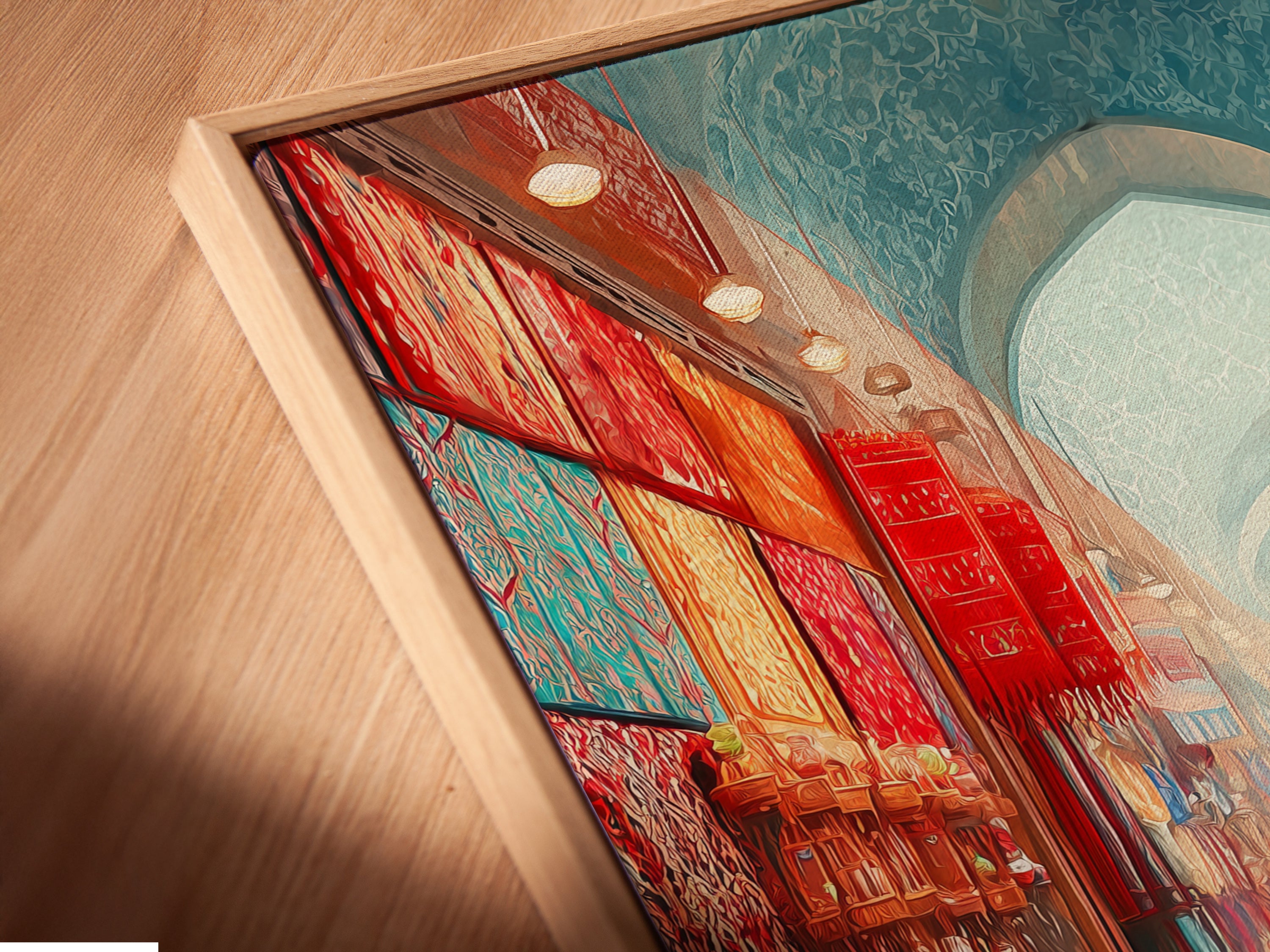 Angled close up of the Spice Market canvas print in a floating frame. Floating frames add a modern touch to this exotic bazaar wall art. The colorful food photography is perfect for kitchens dining rooms restaurants studios lobbies and cafés.