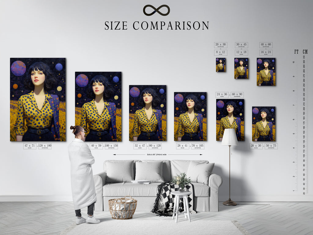 A size comparison chart in an interior setting showcasing the Cosmic Woman Portrait artwork. See how the surreal galaxy canvas fits in different spaces. Celestial wall art enhances bedroom decor. The dreamy space art is perfect for modern interiors.