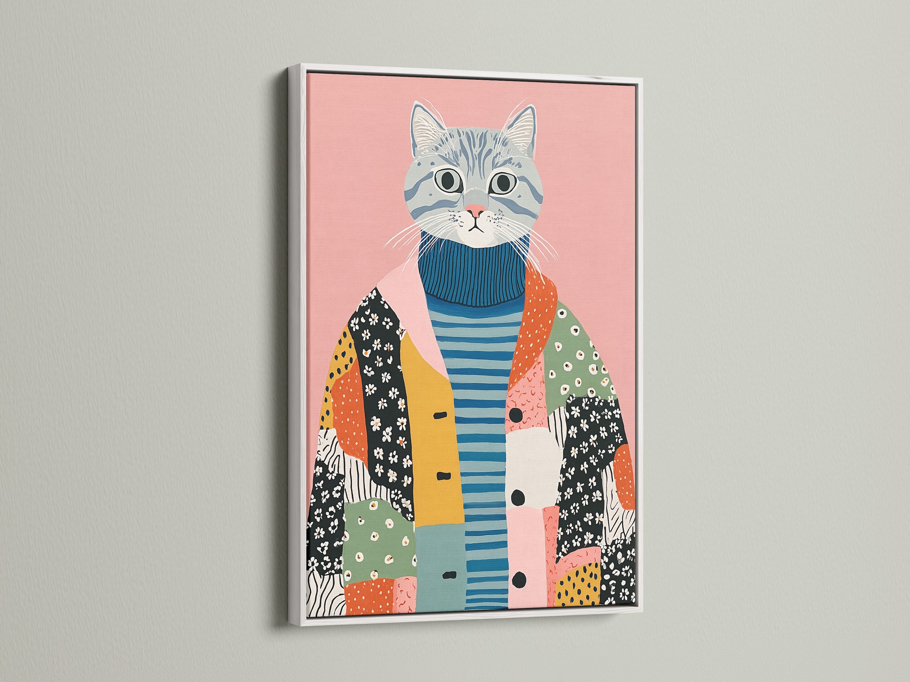 Eigenzinnige kattenkunstprint - Folk Art Cat Canvas, grillige dierenmuurkunst voor de kinderkamer