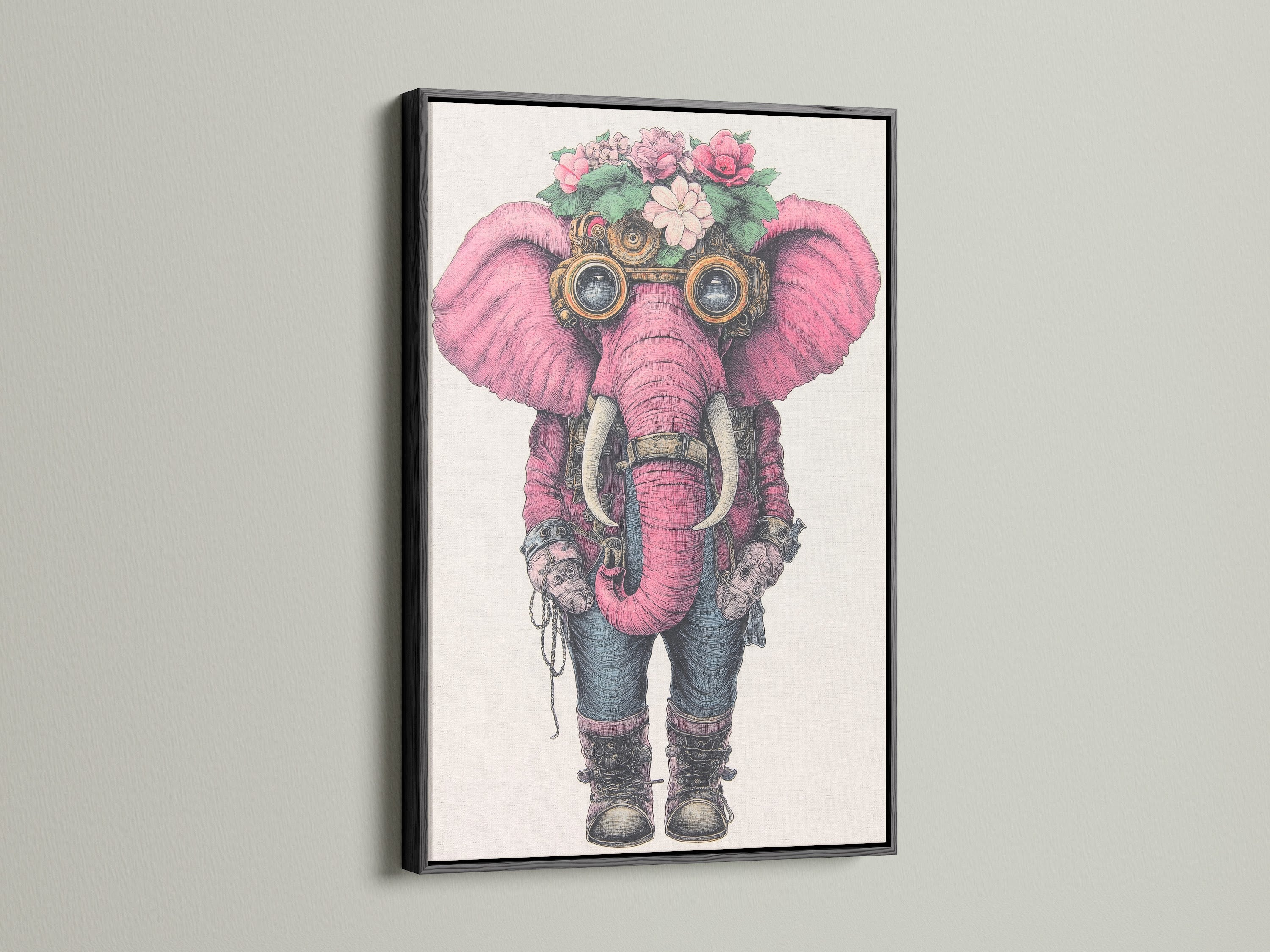 The steampunk elephant art gains a modern edge with a black frame. This artwork features a pink elephant with steampunk goggles and floral details. This is a striking piece of quirky wall art for eclectic home decor styles.