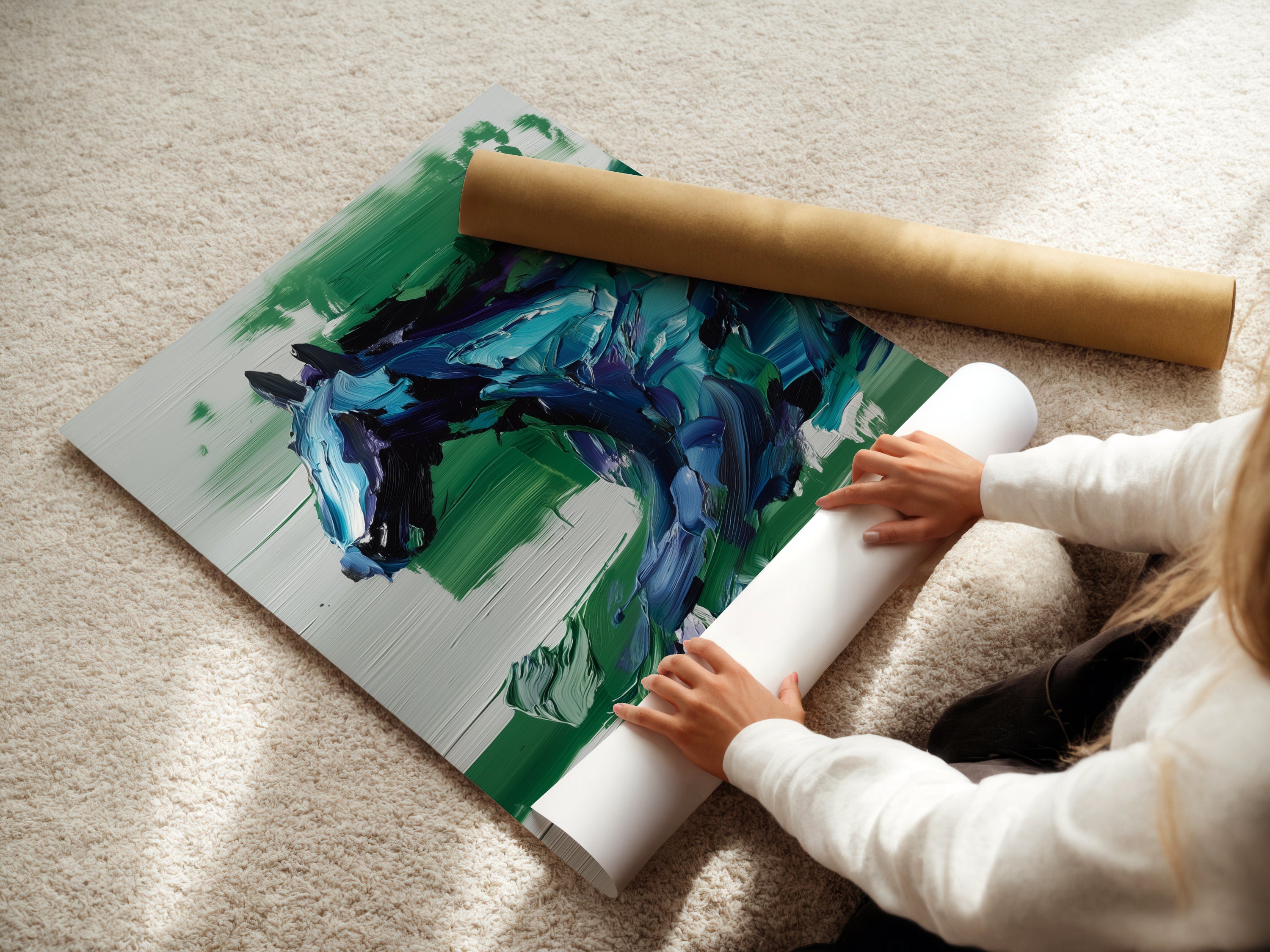 A woman carefully rolls a fine art poster paper print. This abstract equestrian artwork is ready for framing. The blue green animal art is perfect for modern decor. The horse art print suits living rooms bedrooms or offices.