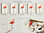 Available options for the red flamingo artwork are displayed. Options include a stretched canvas print fine art poster paper and floating frame. This allows customers to customize their art to suit their style. Perfect for homeowners renters and interior decorators.
