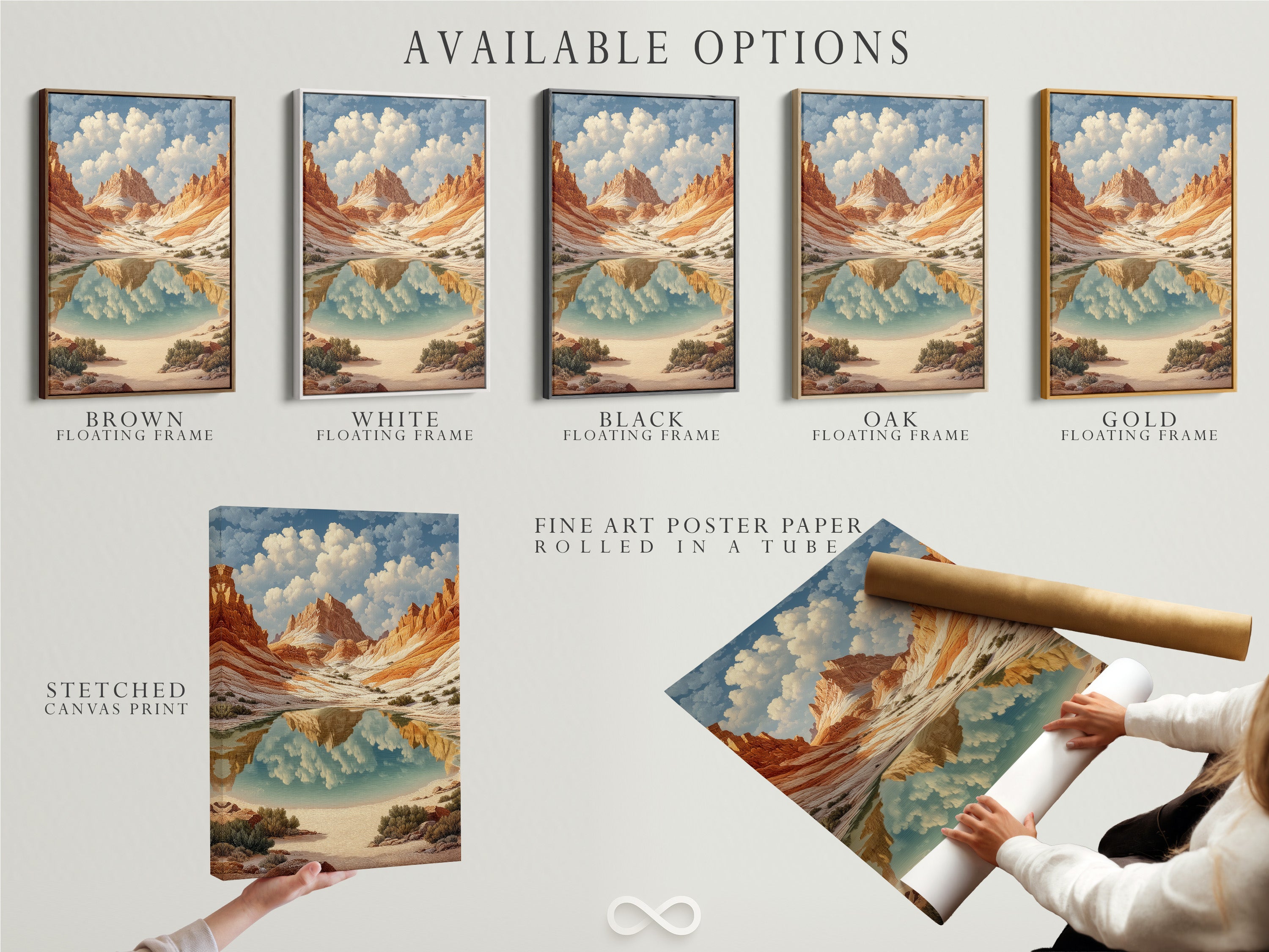 Explore available options for our desert canyon art. Choose from a stretched canvas print fine art poster paper or a floating frame. Customize your southwest landscape wall art to perfectly match your style. Enhance your bedroom decor with our terracotta mountain canvas and nature photography.