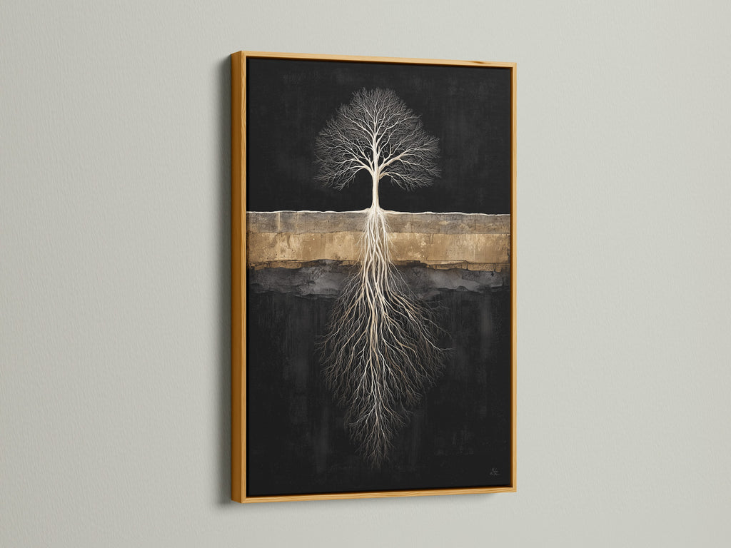 The Tree of Life canvas is beautifully displayed in a gold frame. This abstract tree print brings a touch of luxury to your living room. The gold frame enhances the spiritual artwork creating a statement piece. Elevate your home decor.