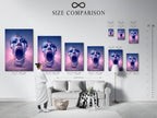 A size comparison chart is displayed in an interior setting. It shows various sizes of digital art canvas prints and posters. This chart helps visualize how the surreal face artwork fits in different spaces. Perfect for planning your wall art.
