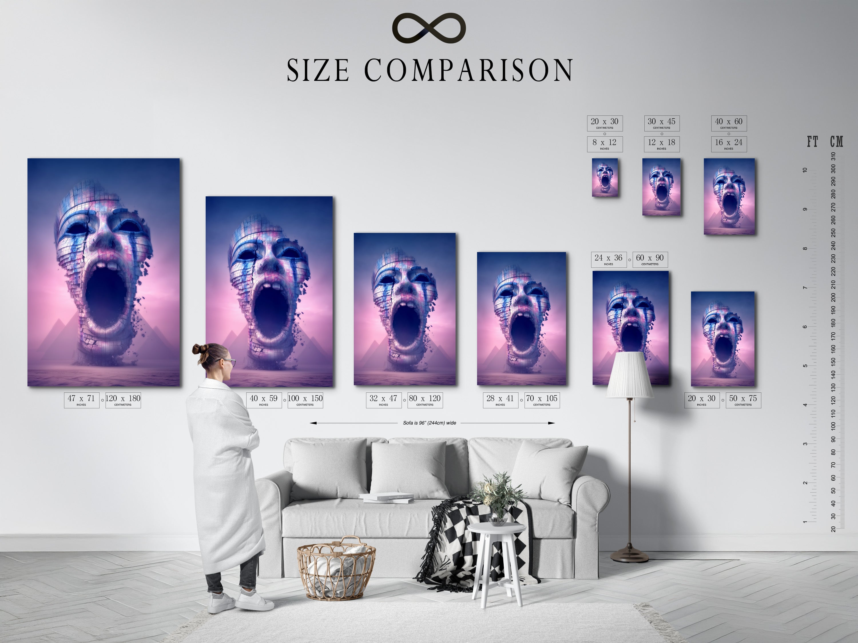 A size comparison chart is displayed in an interior setting. It shows various sizes of digital art canvas prints and posters. This chart helps visualize how the surreal face artwork fits in different spaces. Perfect for planning your wall art.