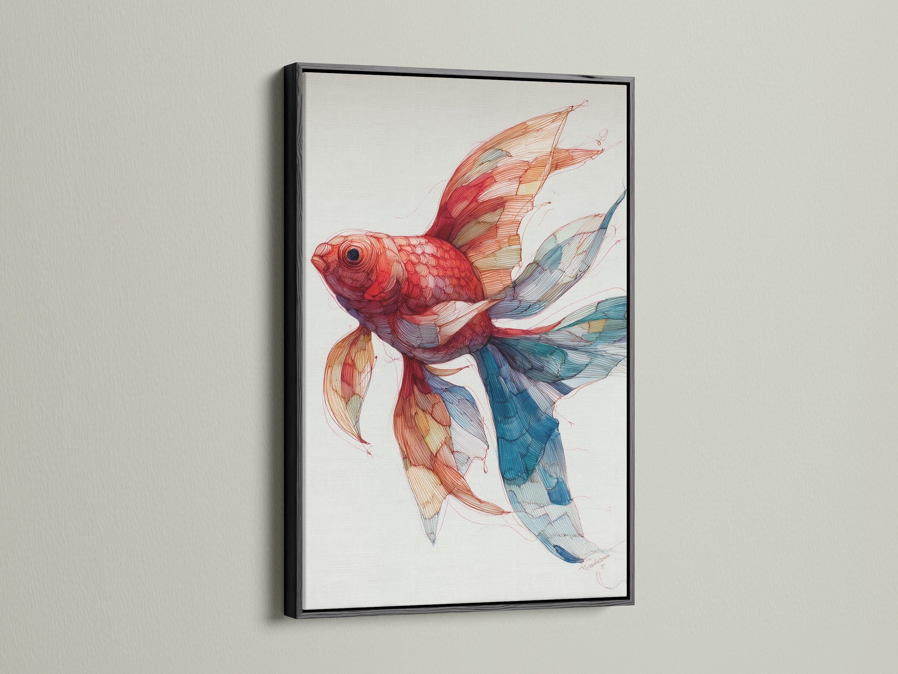 A striking goldfish artwork is displayed within a black frame. The bold black frame adds drama and contrast. This classic frame enhances the artwork. It is a perfect choice for a sophisticated gallery look. The sleek black frame makes the colors pop. Explore our collection of black frames and transform your space. Black frames are a great way to showcase your personal style with classic art pieces.