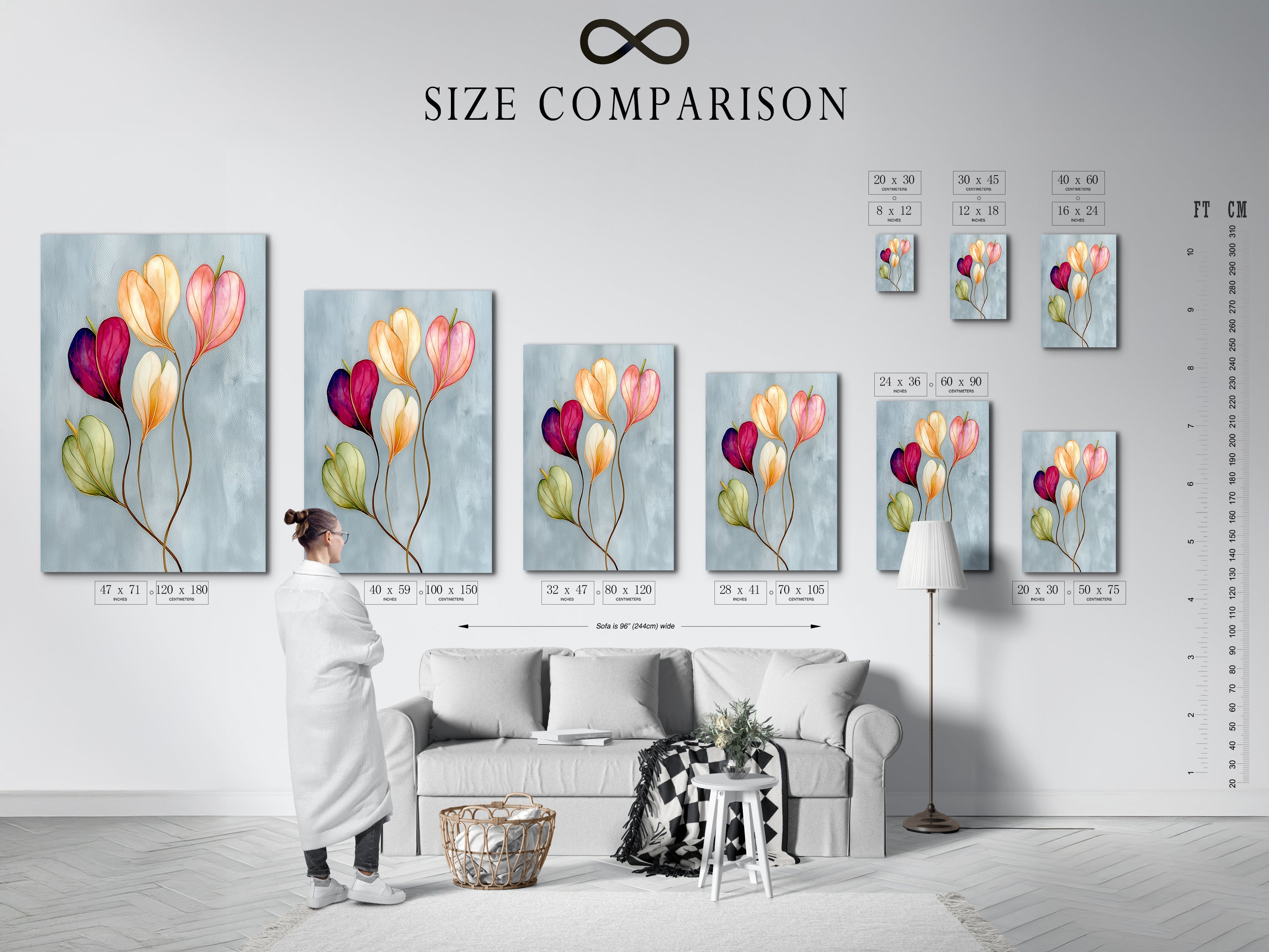 A size comparison chart is displayed in an interior setting. It shows the various sizes available for the floral watercolor canvas print. Helps visualize how the pastel botanical wall artwork fits in different spaces. Perfect for planning your bedroom wall decor or living room wall art.