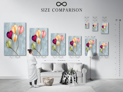 A size comparison chart is displayed in an interior setting. It shows the various sizes available for the floral watercolor canvas print. Helps visualize how the pastel botanical wall artwork fits in different spaces. Perfect for planning your bedroom wall decor or living room wall art.