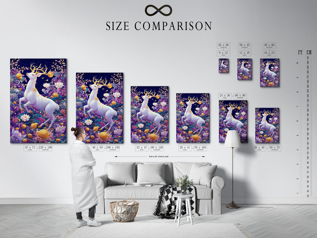 A size comparison chart is displayed in an interior setting. It helps visualize the ideal dimensions for your chosen artwork. Find the perfect fit for your wall with our easy-to-use size guide