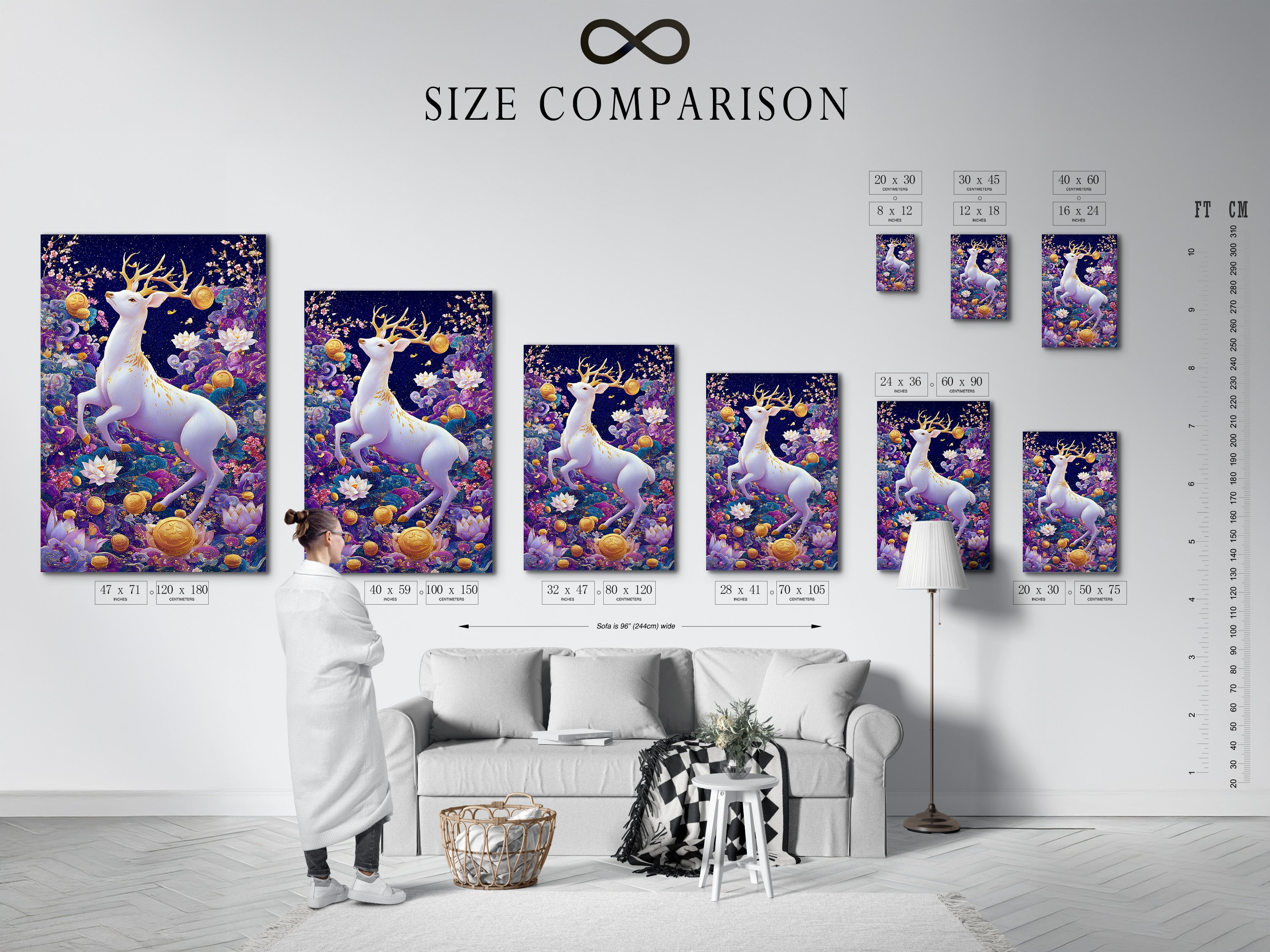 A size comparison chart is displayed in an interior setting. It helps visualize the ideal dimensions for your chosen artwork. Find the perfect fit for your wall with our easy-to-use size guide
