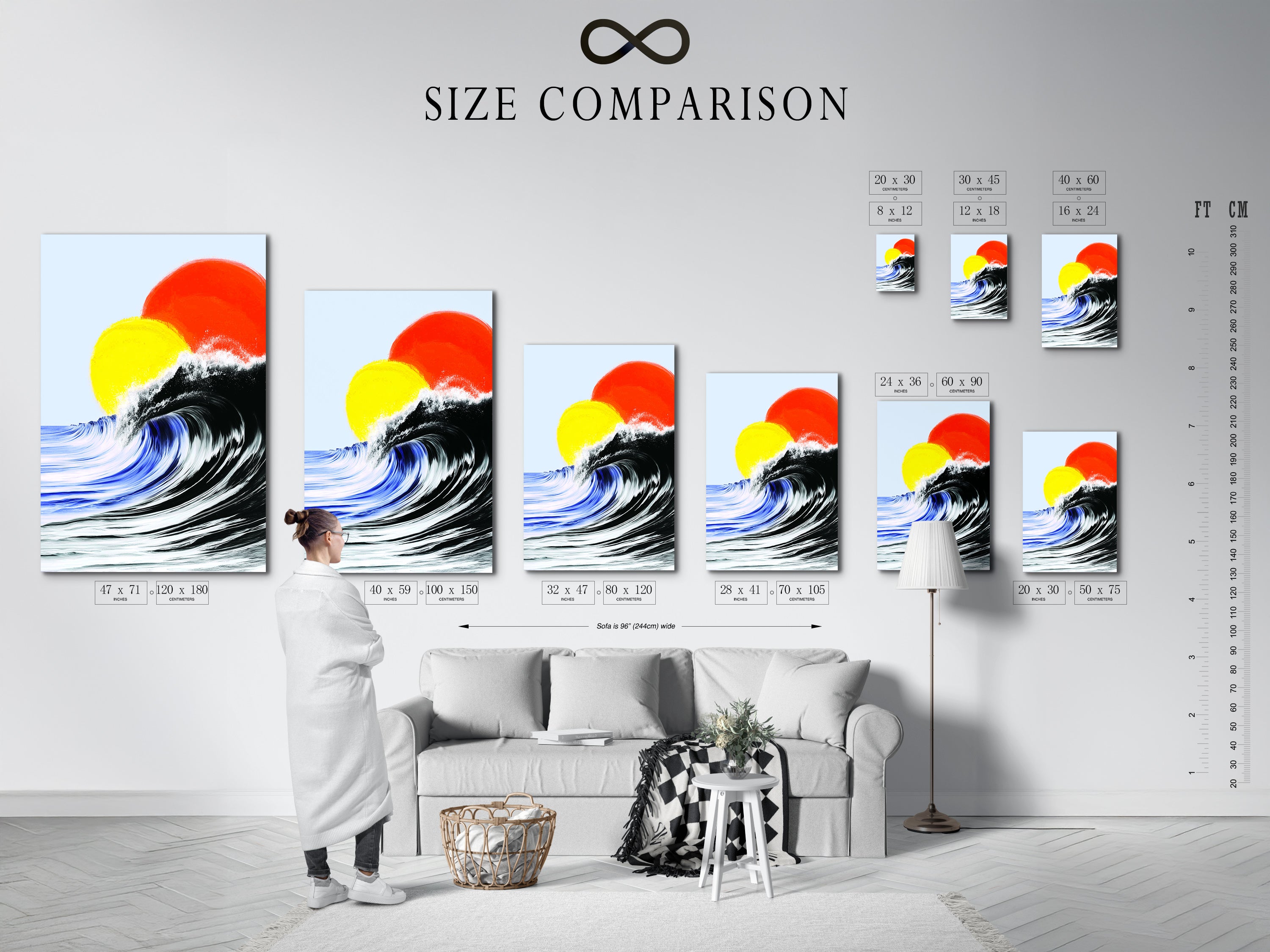 This is a size comparison chart in an interior setting. See the ocean wave art for surf wall decor. This modern beach canvas print is great for coastal wall art. The wave painting can be used in living rooms. Check out the size options.