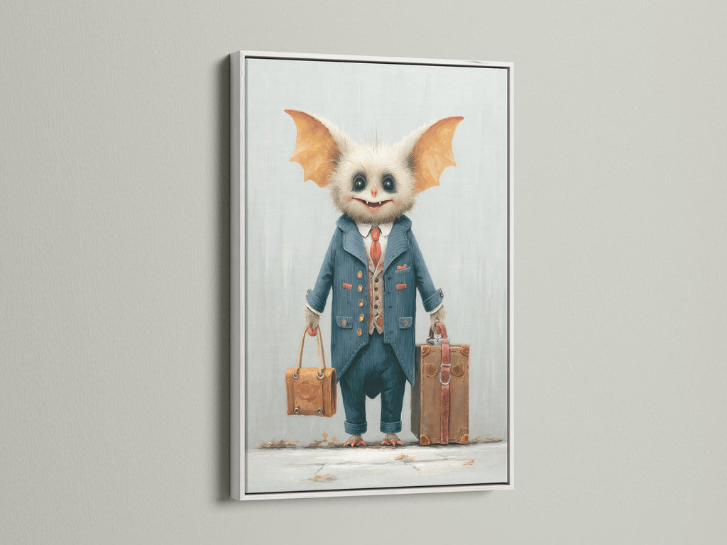 The monster travel art print is showcased in a clean white frame. The artwork depicts a cute monster in a suit with suitcases. It's a delightful piece for children's bedrooms. This oddity artwork adds a touch of whimsy to your wall decor. A perfect travel-themed gift.