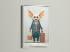The monster travel art print is showcased in a clean white frame. The artwork depicts a cute monster in a suit with suitcases. It's a delightful piece for children's bedrooms. This oddity artwork adds a touch of whimsy to your wall decor. A perfect travel-themed gift.