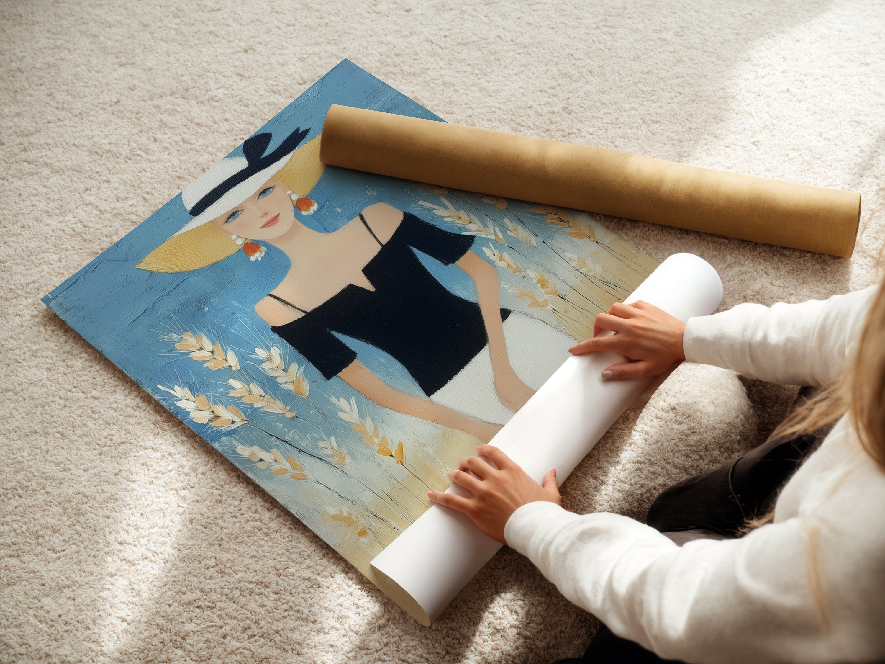 A woman carefully rolls a fine art poster paper featuring the Elegant Woman Artwork. This chic fashion wall art is perfect for boutique decor. Ideal for modern art deco styles. Get your stylish print ready to display.