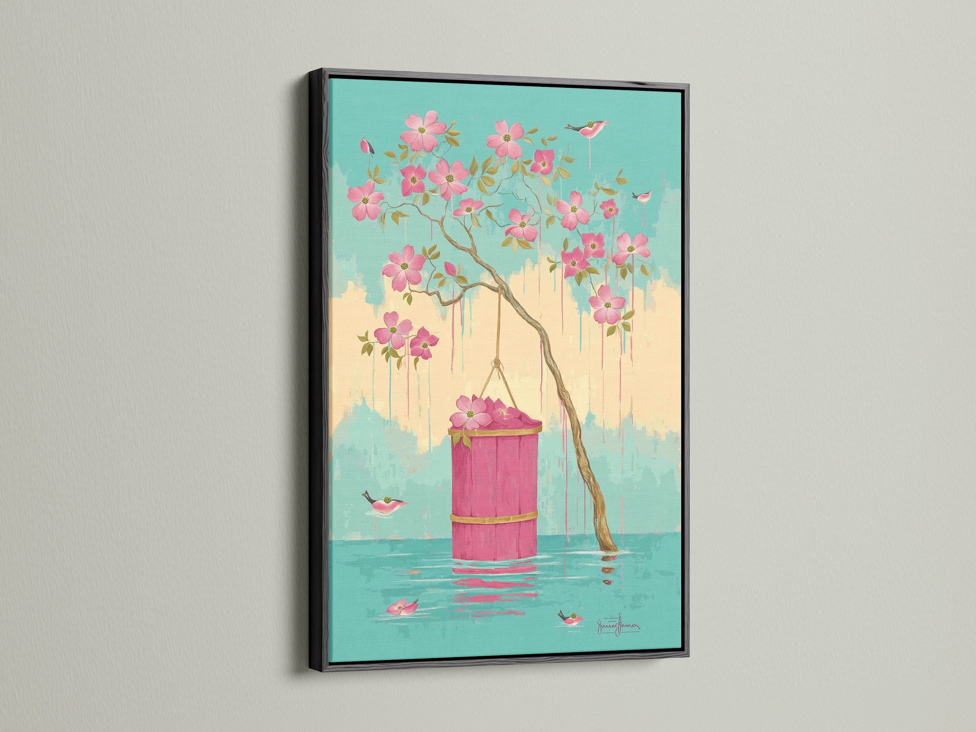 The pink flower and bird artwork is presented in a sleek black frame. This creates a striking contrast that enhances the artwork's vibrant colors. Perfect for adding a touch of modern elegance to any room in your home.