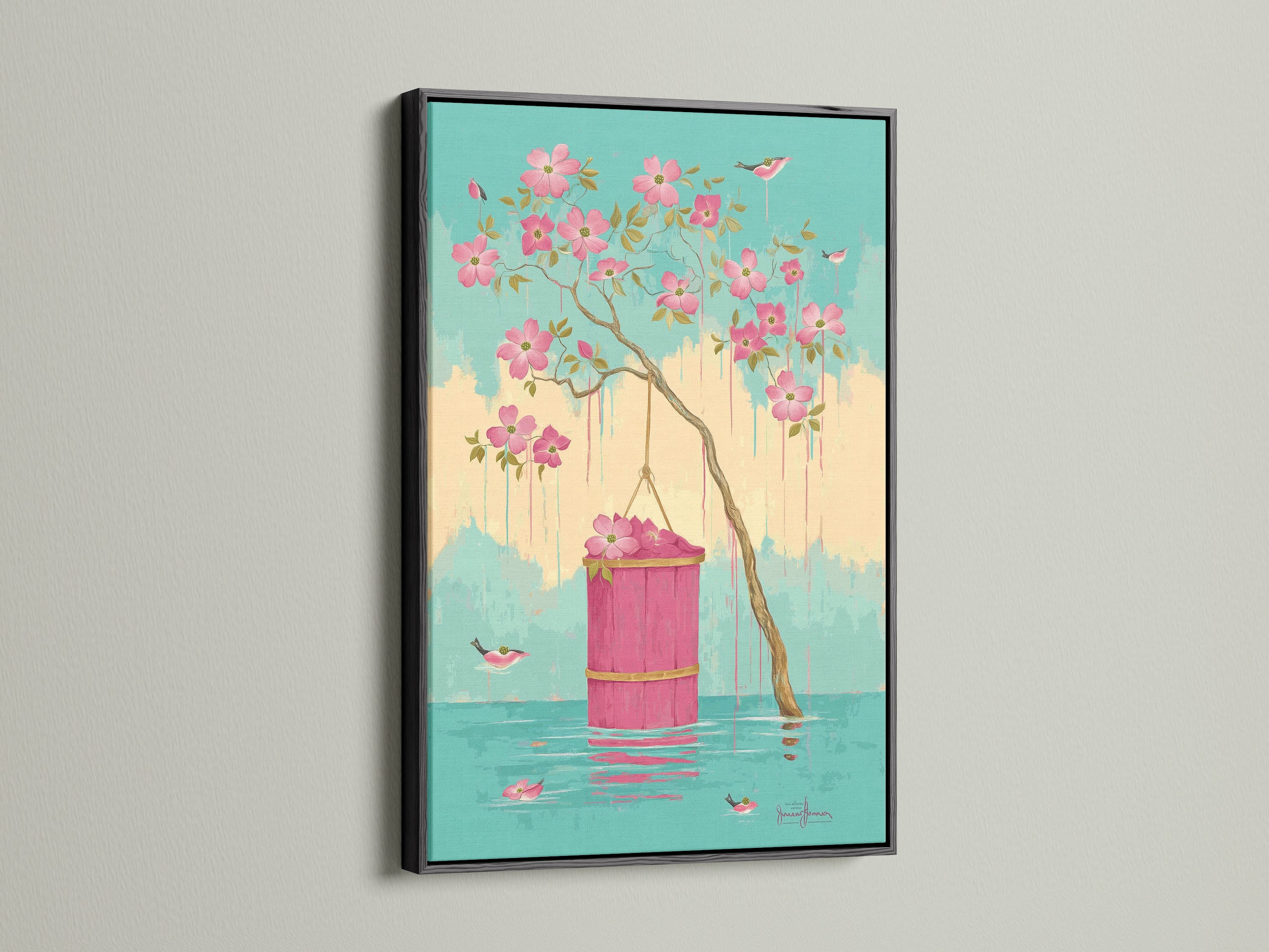 The pink flower and bird artwork is presented in a sleek black frame. This creates a striking contrast that enhances the artwork's vibrant colors. Perfect for adding a touch of modern elegance to any room in your home.