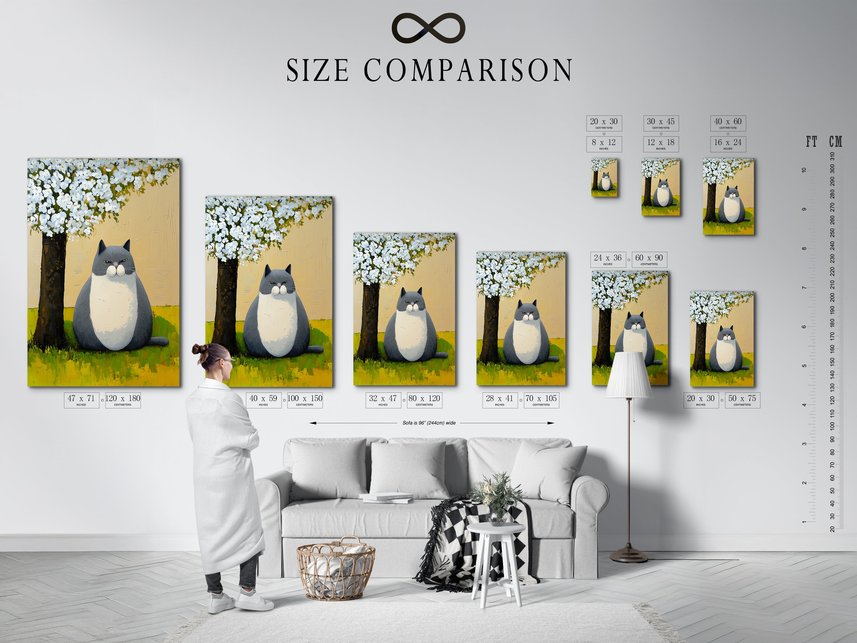 A size comparison chart is displayed in an interior setting. The chart illustrates available sizes for the whimsical cat artwork print. This peaceful garden canvas wall art is a cute animal illustration.