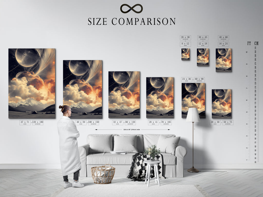 A size comparison chart is displayed in an interior setting. See how different sizes of celestial landscape artwork fit in your space. Find the perfect cosmic mountain print for your home decor.