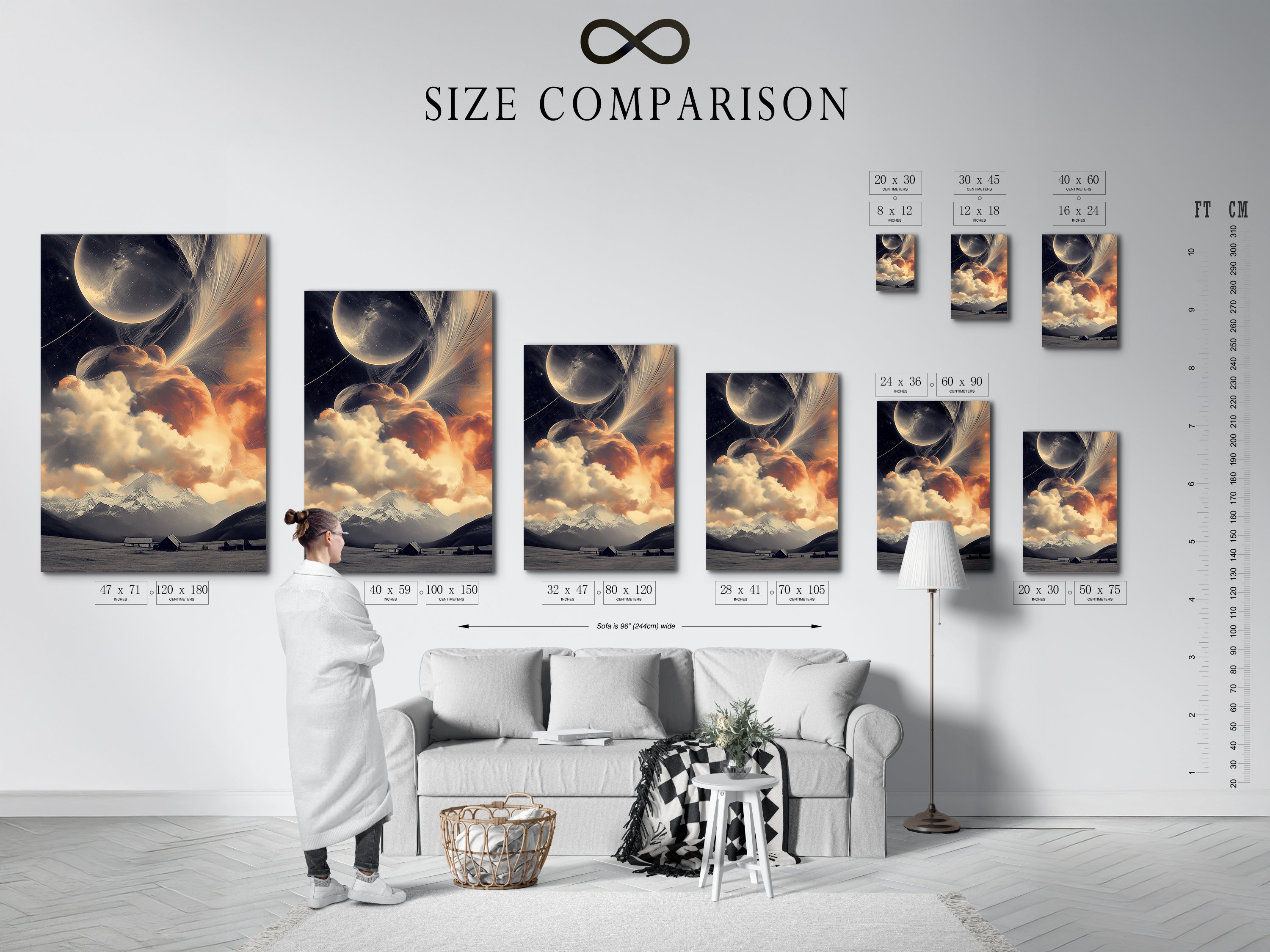 A size comparison chart is displayed in an interior setting. See how different sizes of celestial landscape artwork fit in your space. Find the perfect cosmic mountain print for your home decor.