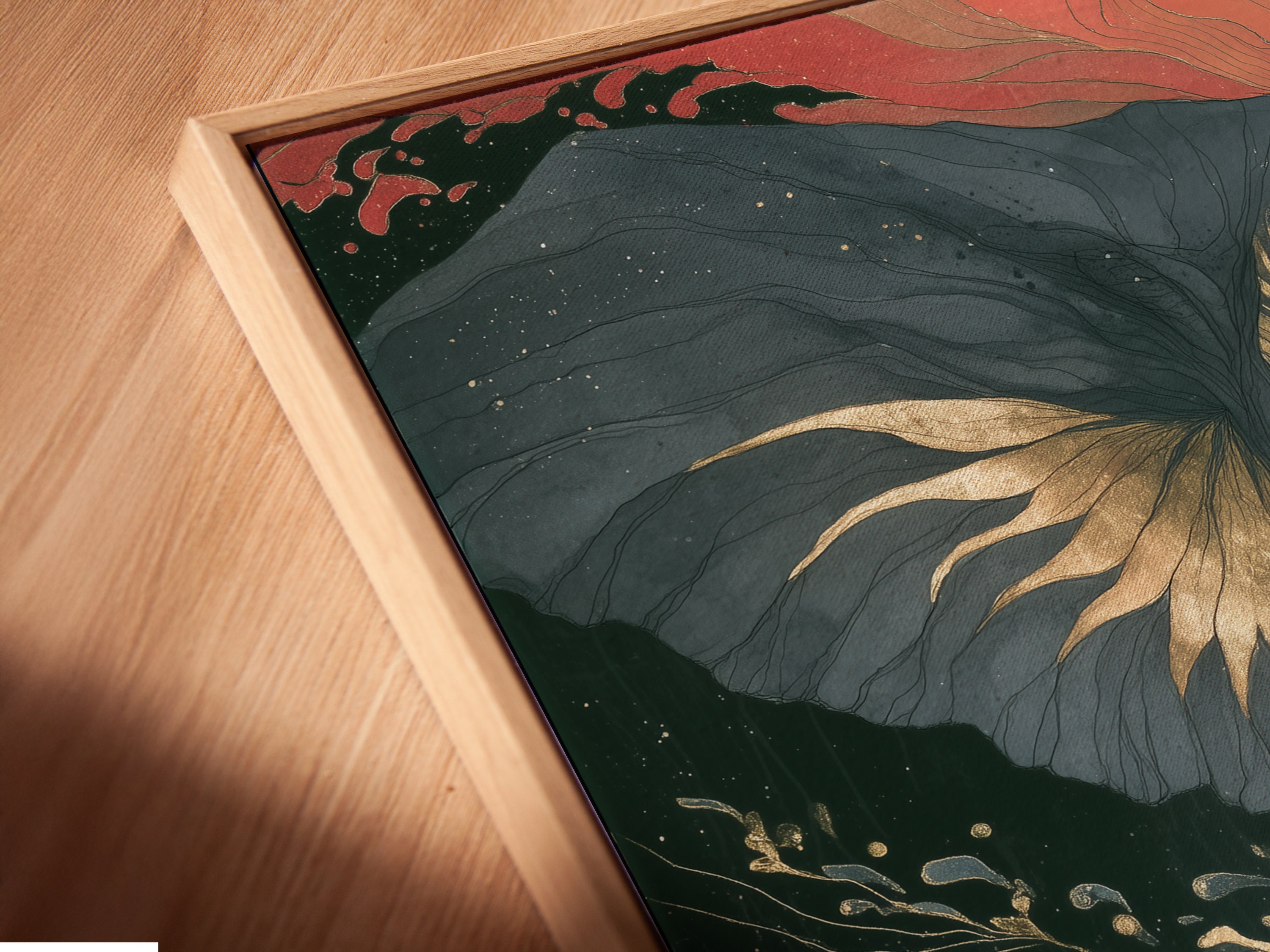 Angled close up of an elephant canvas print in a floating frame. This artwork showcases Japanese wave art with coral pink and teal details. Ideal for adding a modern touch to your home decor