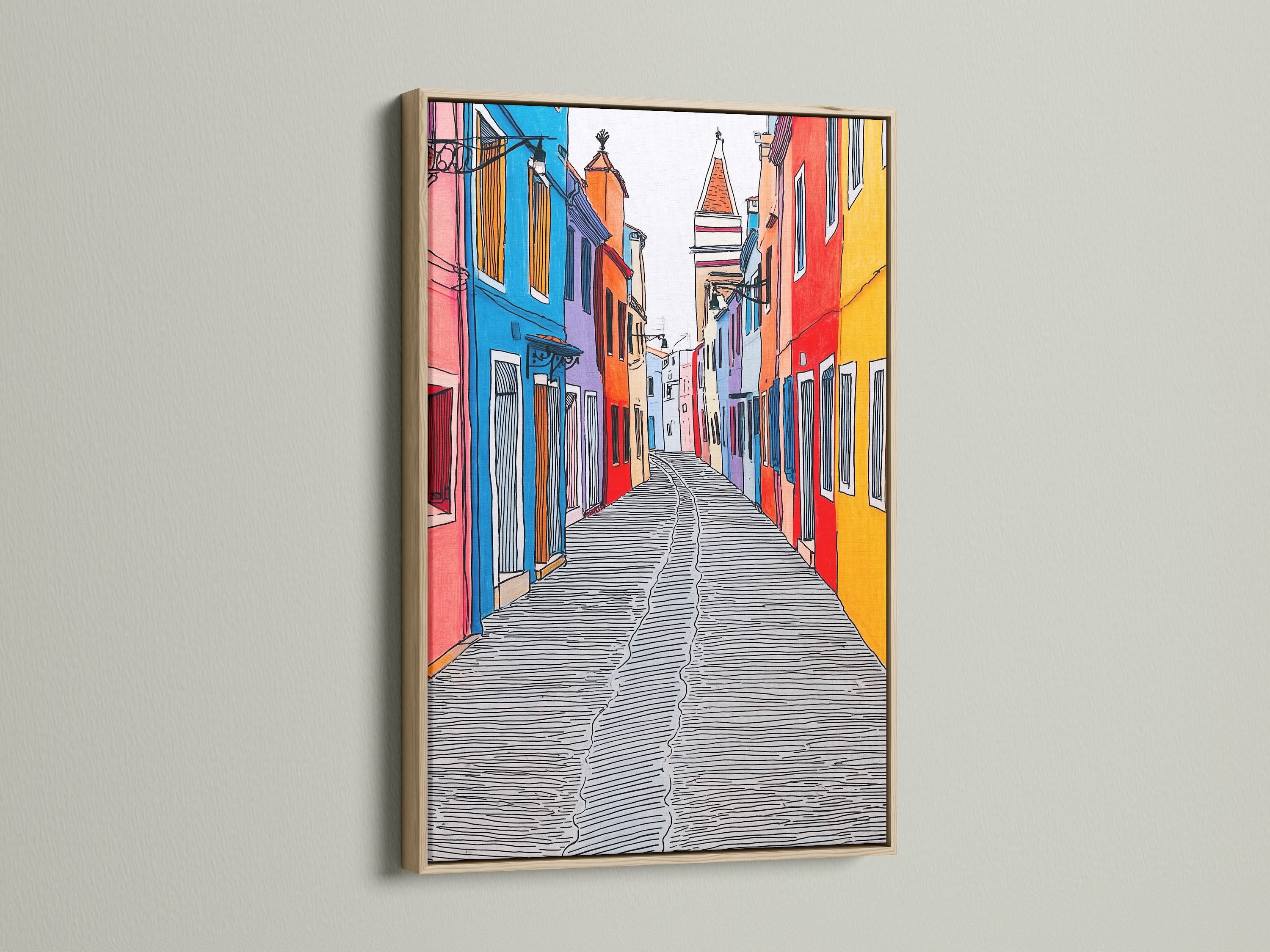 Burano Italy artwork displayed in an oak frame.  The colorful buildings and Italian wall art evoke a sense of European travel.  Perfect for adding a vibrant touch to your space with this travel photography.