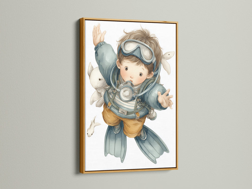 A whimsical scuba diver art print shines in a gold frame. This artwork is a perfect addition to a kids room or nursery. This art brings marine life to any wall. The gold frame enhances the nautical kids art. It will add a touch of elegance to any underwater canvas.