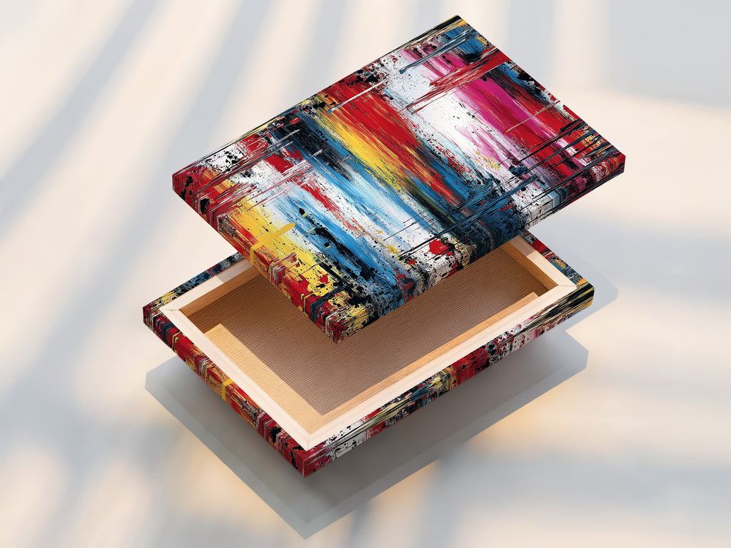 A high-quality stretched canvas print showcasing vibrant abstract art. The artwork features bold paint strokes and rich colors. The stretched canvas provides a gallery-ready look. Transform your space with this modern and expressive piece. Perfect for any art lover.