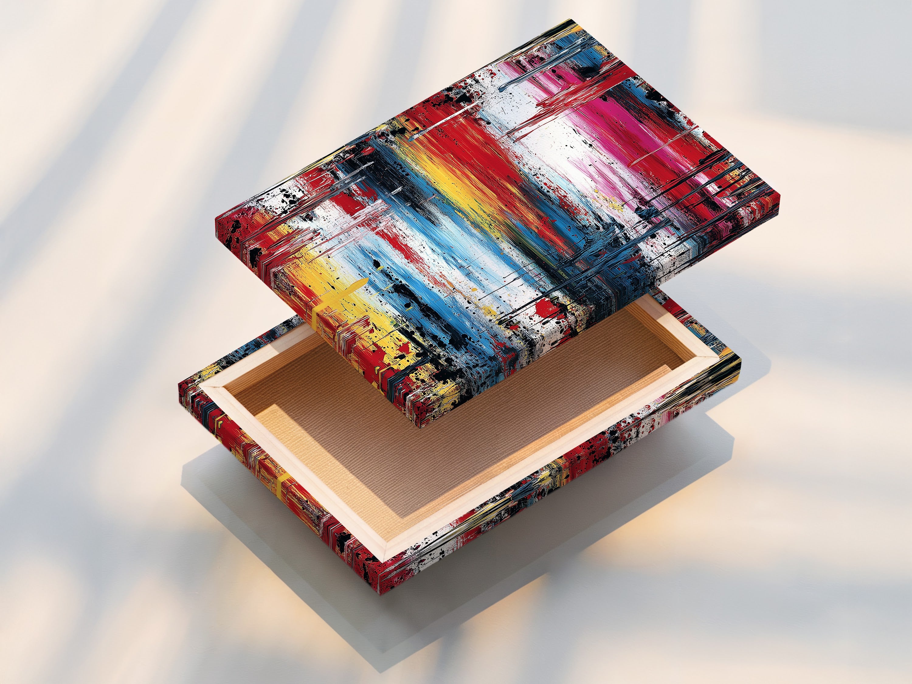 A high-quality stretched canvas print showcasing vibrant abstract art. The artwork features bold paint strokes and rich colors. The stretched canvas provides a gallery-ready look. Transform your space with this modern and expressive piece. Perfect for any art lover.