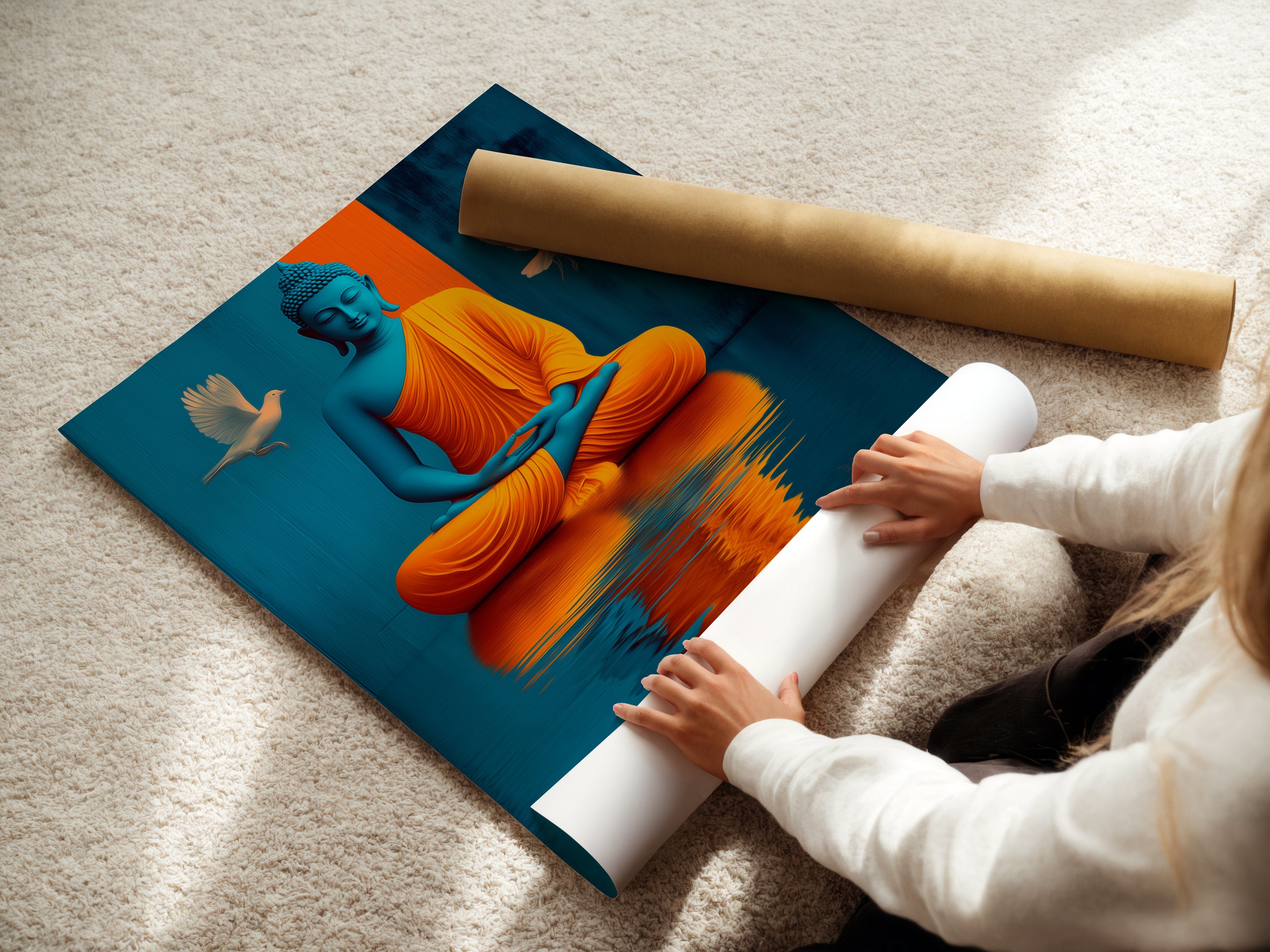 See the care that goes into our fine art poster paper. A woman is carefully rolling the print ensuring its quality. The paper is perfect for showcasing our Buddha artwork. Bring spiritual zen decor into your home with this beautiful piece. Each print is handled with the utmost care.